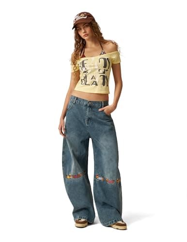 Aelfric Eden Dachshund Embroidery Baggy Barrel Jeans Wide Leg Y2K Denim Pants Straight Loose Jeans Streetwear Unisex Blue 34 - Thumbnail 2