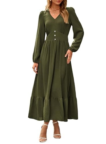Dokotoo Women's Fall Dress Long Sleeve V Neck Tiered A Line Maxi Dress 2026 Ruffle Elegant Flowy Spring Cocktail Party Dresses Sundresses for Wedding Guest Green XX-Large - Image 1