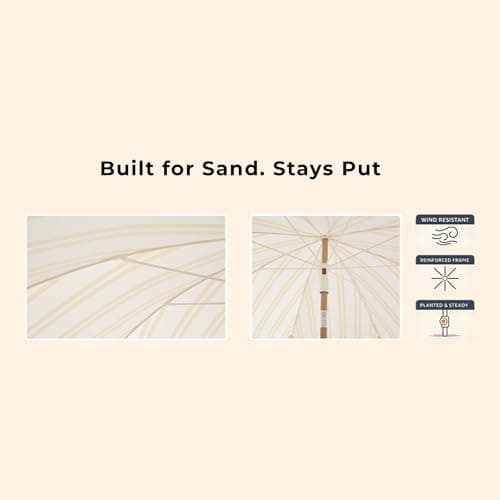 DEER LAND 6FT Stripe Fringe Beach Umbrella for Sand with Sand Anchor, UPF 50+ Sun Shade with Tassels, Adjustable Tilt Pole, Portable Coastal Umbrella for Beach & Pool, Heritage Mimosa Stripe - Thumbnail 6