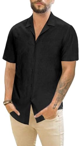 JEKAOYI Mens Casual Cotton Linen Button Down Short Sleeve Shirts Summer Cuban Camp Beach Shirts Vacation Wedding Shirt Black - Image 1