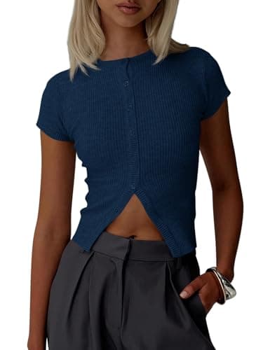 Imily Bela Womens Short Sleeve Sweater Tops Summer Button Down Casual Ribbed Knit Slim Fit Cropped Cardigan Shirts Navy - Image 1
