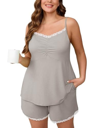 AusLook Women's Plus Size Pajama Sets Lace Trim Cami Sleeveless Top and Shorts Gray 2X Comfy Soft Ladies Short Pajamas Set Loungwear Sleepwear Pjs Set 2 Piece Lounge Set with Pockets - Image 1