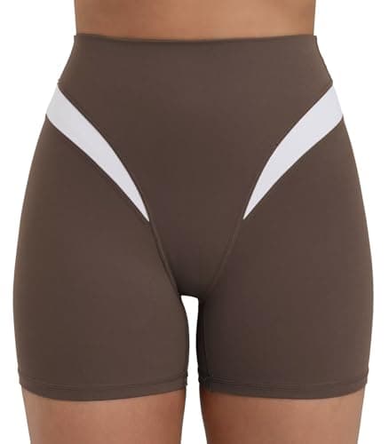 Sunzel Colorblock Biker Shorts Women High Waist Tummy Control – Buttery Soft Squat Proof No Front Seam Workout Spandex Shorts 4" Inseam Seal Brown-WH X-Large - Image 1