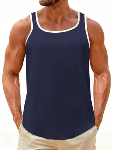 UNCLECAT Mens Sleeveless Tank Tops Workout Muscle Gym Knitted Shirt Athletic Bodybuilding Slim Fit Ribbed T Shirts Navy Blue - Image 1