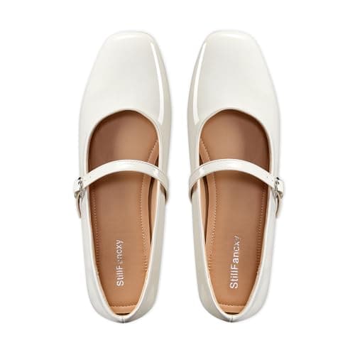 StillFancxy Women's Mary Jane Flats Closed Round Toe Ballet Flat Dressy Comfortable Slip on Shoes White Patent - Image 1