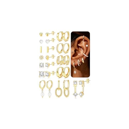 13 Pairs Gold Earrings Set for Women, Hypoallergenic 14K Gold Plated Stud and Huggie Hoop Earrings, Dainty Pearl Lightweight Cartilage Earring for Multiple Piercings Gift