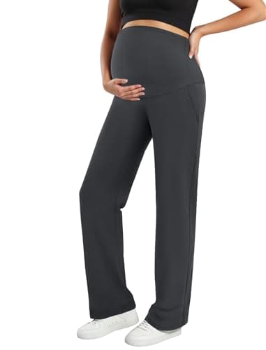 DLOODA Womens Maternity Dress Work Pants, Wide Leg Pregnancy Trousers Over The Belly Stretchy Yoga Pants with Pockets Grey - Image 1