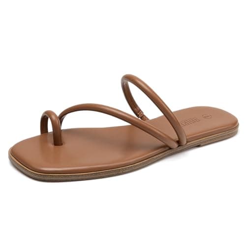 Rihero Slide Sandals Women Square Toe Beach Flat Sandals Summer Slip On Comfortable Strappy Thong Sandals Brown Size 6.5 - Image 1