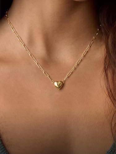 CTEEGN 14K Gold Heart Necklaces for Women, Magnetic Heart Necklace, Dainty Paperclip Chain with Easy-On Magnetic Clasp, Non Tarnish Bubble Heart Pendant, Tiny Everyday New Beginnings Gift for Her - Thumbnail 3