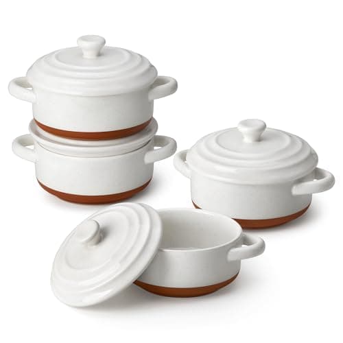 MALACASA Mini Cocotte Set - 12 OZ Small Casserole Dishes for Oven, Ramekins with Lids and Handles, Ceramic Mini Dutch Oven Set of 4, Microwave & Dishwasher Safe, Khaki White, Series TARA - Image 1