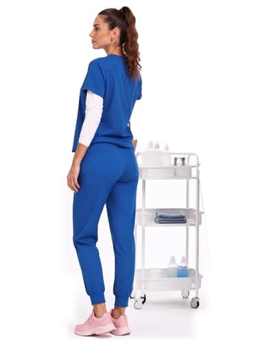 VECARDI Women's Scrub Jogger Pants High Waisted Stretch Nurse Work Bottoms 5 Pockets Elastic Waist Slim Fit Royal Blue - Thumbnail 4