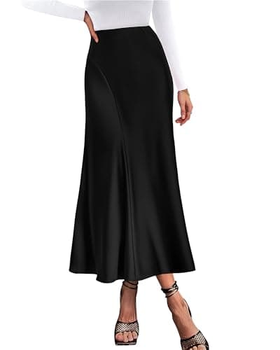 KIRUNDO Women Spring Summer Satin Maxi Skirt 2026 Trendy High Waisted Wedding Cocktail Party Work Silk A-Line Formal Skirts(Black, Small) - Image 1
