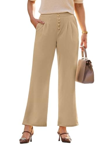 Dokotoo Womens Pants Dressy Casual Elastic High Waisted Waffle Knit Wide Leg Pants Lounge Wear Trousers Joggers with Pockets Beige Medium - Image 1