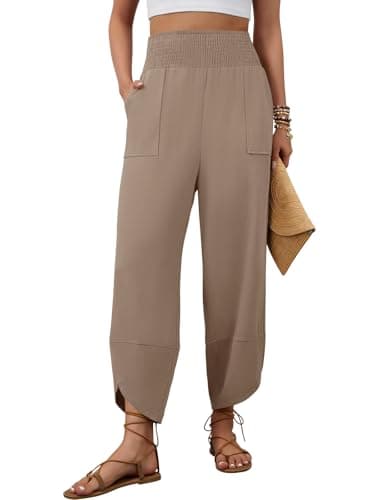 grewley Womens Casual Barrel Harem Cotton Linen Pants Wide Leg Palazzo Elastic Waist Trousers with Pockets Beach Khaki L - Image 1