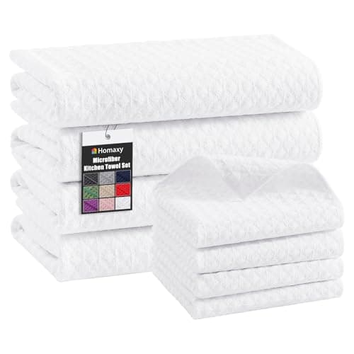 Homaxy Microfiber Waffle Weave Kitchen Towels Set, 16 x 28 Inch and 12 x 12 Inch Ultra Absorbent and Solid Color Dish Towels, 8 Pack, White - Image 1