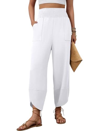 grewley Womens Wide Leg White Palazzo Capri Pant Barrel Harem Linen Pants High Waist Lounge Trousers Beach White L - Image 1