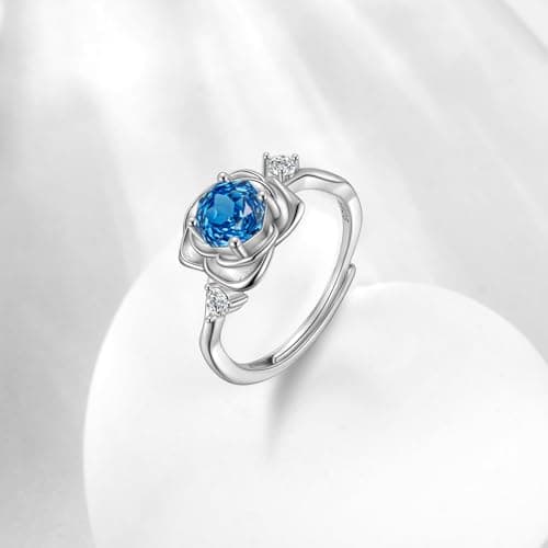 Rose Birthstone Ring - 925 Sterling Silver Rose Cut Cubic Zirconia September Sapphire 3D Flower Adjustable Ring Anniversary Engagement Promise Ring Birthday Jewelry Gift for Wife Mom Daughter DR0166S - Thumbnail 3