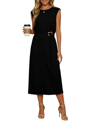 Wenrine Womens Sleeveless Midi Dress Summer Work Office Back Slit Elegant Flowy Tank Casual Vacation Dresses Black - Image 1