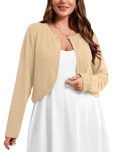 AusLook Plus Size Women Shrugs Long Sleeve Khaki Heather 1X Open Front Cardigan Knit Lightweight Coat Cropped Bolero Tops Shawls and Wraps Dressy Sweater - Image 1