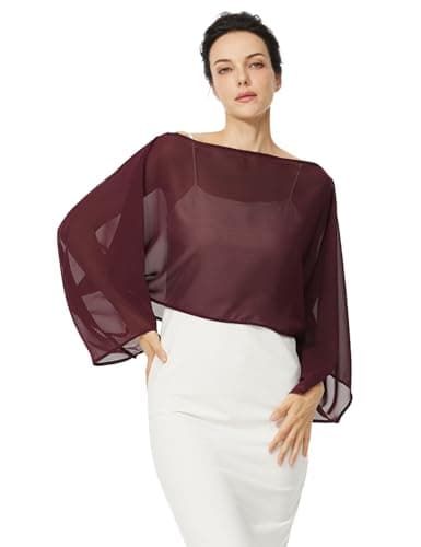 BEAUZSUZSANA Women Chiffon Bolero Cape Capelets with Arm Holes Shawls and Wraps for Evening Dress Bridal Wedding Party (Cabernet,L-XL)