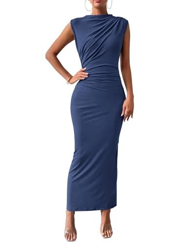 BTFBM Women Ruched Bodycon Maxi Dresses Summer Casual Sleeveless Lightweight Slit Elegant Cocktail Wedding Guest Dress(Dark Grey Blue, Large) - Image 1
