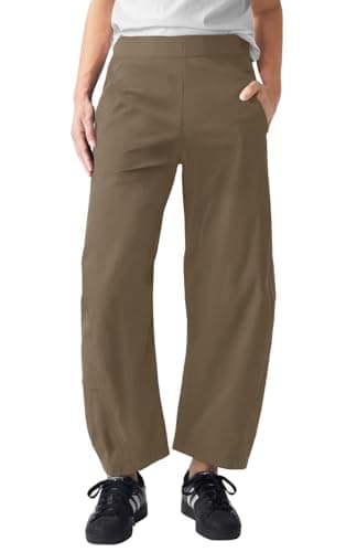 EGOCKAL Womens Elastic Waist Ankle Pants Baggy Curved Tapered Leg Barrel Travel Pants with Pockets Coffee - Image 1