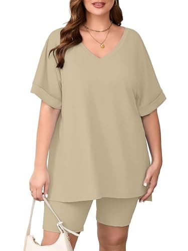 AusLook Women's Plus size 2 Piece Short Outfits Set Short Sleeve Tops and Shorts Pants Light Khaki 3X Casual Comfy Soft Ladies Short Sleepwear Lounge Pajama Matching Set