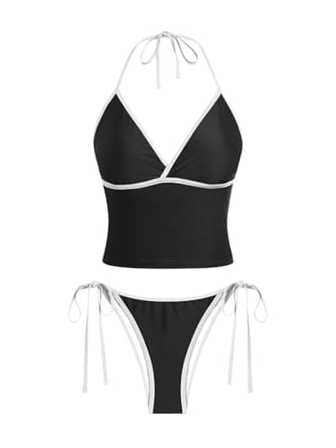 ZAFUL Cute Tankini Swimsuits for Women Two Piece Swimsuit Halter V Neck Tummy Control Swimwear High Cut Tie Side Thong Bathing Suit Black M - Thumbnail 5