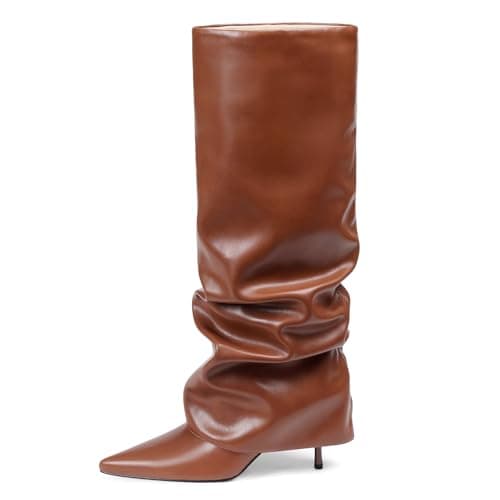 COMFITORIA Womens Knee High Boots, Fold Over Shark Boots Stiletto Heels Slouchy Long Boot Pointed Toe Thigh High Dress Shoes Sexy Fashion Tall Boot for Women with Zipper - Image 1