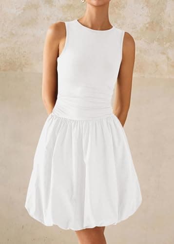 KIRUNDO Summer Bubble Dress for Women 2026 Casual Mini Spring Bodycon Cocktail Dresses Sleeveless Drop Waist Sundress Beach(Beige White, X-Large) - Thumbnail 4