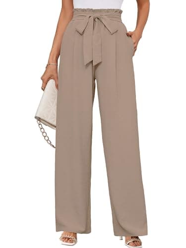 KORSIS Wide Leg Pants for Women Lightweiht Waisted Adjustable Tie Knot Loose Comfy Casual Trousers with Pocket Wheat S - Image 1