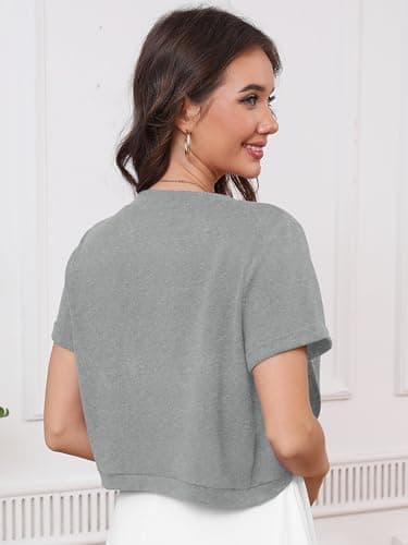 Heymoments Women's Short Sleeve Shrugs Light Grey 2X-Large Lightweight V-Neck Open Front Cropped Cardigan Knitted Bolero Sweaters Elegant Dresses Cover Up - Thumbnail 5