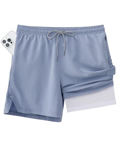 Y YERFONE Mens Swim Trunks with Compression Liner Men Bathing Suit 5 inch Board Shorts Zipper Pockets Drawstring 2 in 1 Quick Dry Stretch Lined Funny Beach Swimming Pool Surf Pale Blue - Image 1