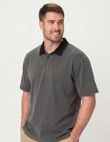 Vamtac Mens Oversized Polo Shirts Vintage Y2k Shirt Acid Wash Heavyweight Cotton Tee Short Sleeve Streetwear Tops Grey - Thumbnail 2