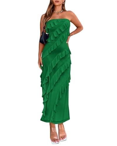 BTFBM Women Summer Elegant Strapless Midi Ruched Bodycon Dress Solid Color Stretch Mesh Slim Party Cocktail Dresses - Image 1