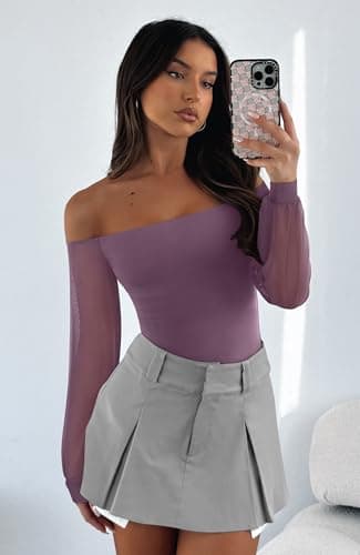 REORIA Womens Going Out Off The Shoulder Sheer Mesh Puff Long Sleeve Thong Bodysuit Tops Gray Purple X-Small - Thumbnail 6