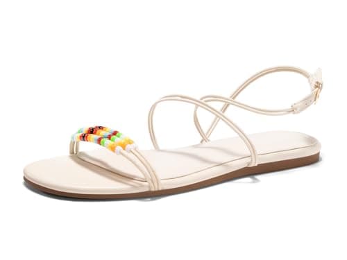 Coutgo Womens Strappy Flat Sandals Open Toe Lace Up Beaded Gladiator Flats Ankle Strap Summer Beach Shoes, Beige, Size 9.5 - Thumbnail 4