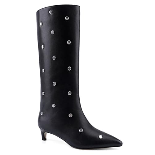 QIV Black Studded Knee High Boots Women Pointed Toe Kitten Heel Mid Wide Calf Boots with Zipper Size 6 - Thumbnail 6