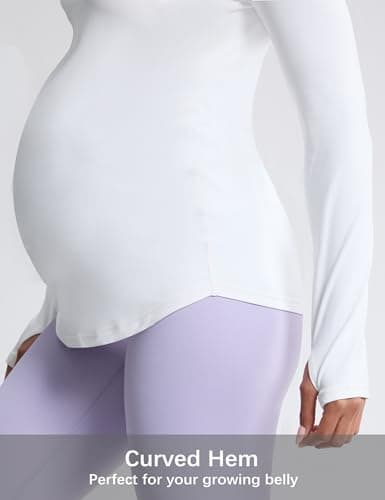 Mama Land Maternity Long Sleeve T-Shirts - Workout Yoga Maternity Tops Blouse Activewear Petite Casual Fall Winter Pregnancy Clothes (Off-White S) - Thumbnail 5