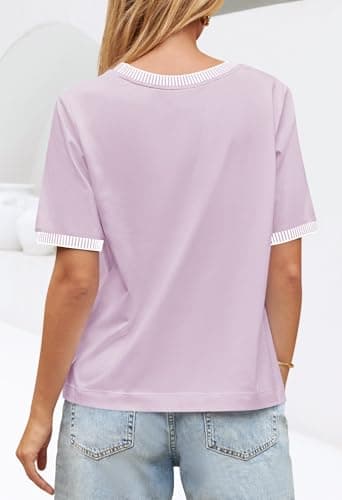 MEROKEETY Women's 2025 Short Sleeve Striped Color Block T Shirts Crewneck Loose Casual Tee Tops, Lilac, L - Thumbnail 4