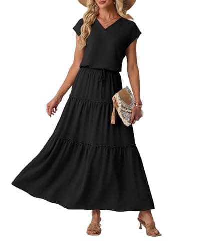 Lepunuo 2 Piece Skirt Sets for Women Black Flowy Maxi Skirts V Neck Shirts Matching Sets Travel Vacation Outfits - Image 1