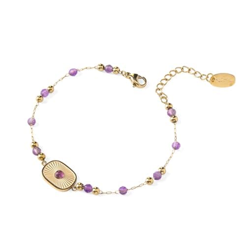 Milan Chiva Amethyst Beaded Link Bracelets for Women 14K Gold Round Sun Disc Adjustable Dainty Jewelry MCW-1001PP - Image 1