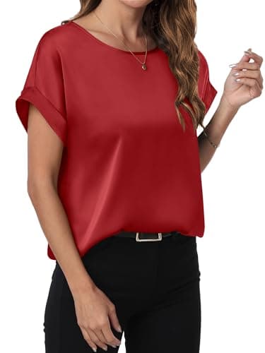 ANRABESS Women's Summer Dressy Casual Short Sleeve Shirts Crewneck Satin 2026 Business Office Work Blouse Tops Red Medium