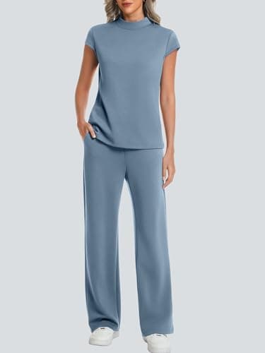 Casly Lamiit 2 Piece Outfits for Women Mock Neck 2 Piece Outfits Cap Sleeve Tops Pant Sets Summer Travel Airport Casual Beach Cruise Outfit Blue Grey XL - Thumbnail 3