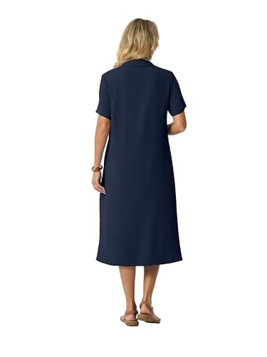 HiMONE Women’s Casual Shirt Dress Button Down Midi Dress Short Sleeve Collared Loose Fit Summer Dress with Pocket Side Slit - Thumbnail 3