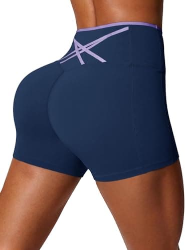 Aoysky Womens Workout Biker Shorts 5" Color Block High Waisted Yoga Athletic Shorts Dark Blue
