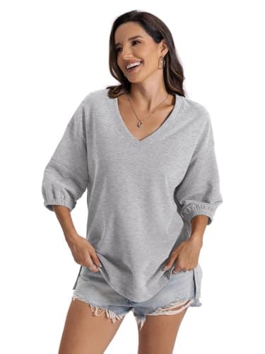EasyGala Womens Cotton V Neck Sweatshirt 3/4 Sleeve Slouchy Fit Going Out Tops Trendy Side Slit Work Shirt Casual Fall Lightweight Outfits Y2K Winter Clothes 2025 Grey Large - Thumbnail 2