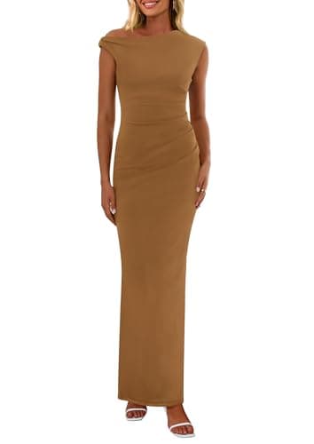 PRETTYGARDEN Women's 2026 Summer Formal Maxi Dresses Sleeveless One Shoulder Bodycon Ruched Mesh Wedding Guest Cocktail Dress (Brown,Small) - Image 1