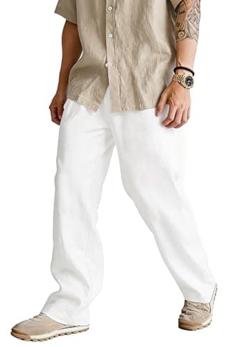 Heyfanee White Linen Pants Men Casual Loose Fit Summer Beach Pants for Men with Pockets 28 - Image 1