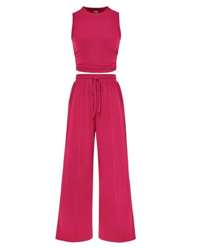 BTFBM Summer Outfits For Women 2026 Cropped Sleeveless Tank Tops Wide Leg Pants 2 Piece Sets Beach Lounge Set Clothing(Rose Red, Small) - Image 1